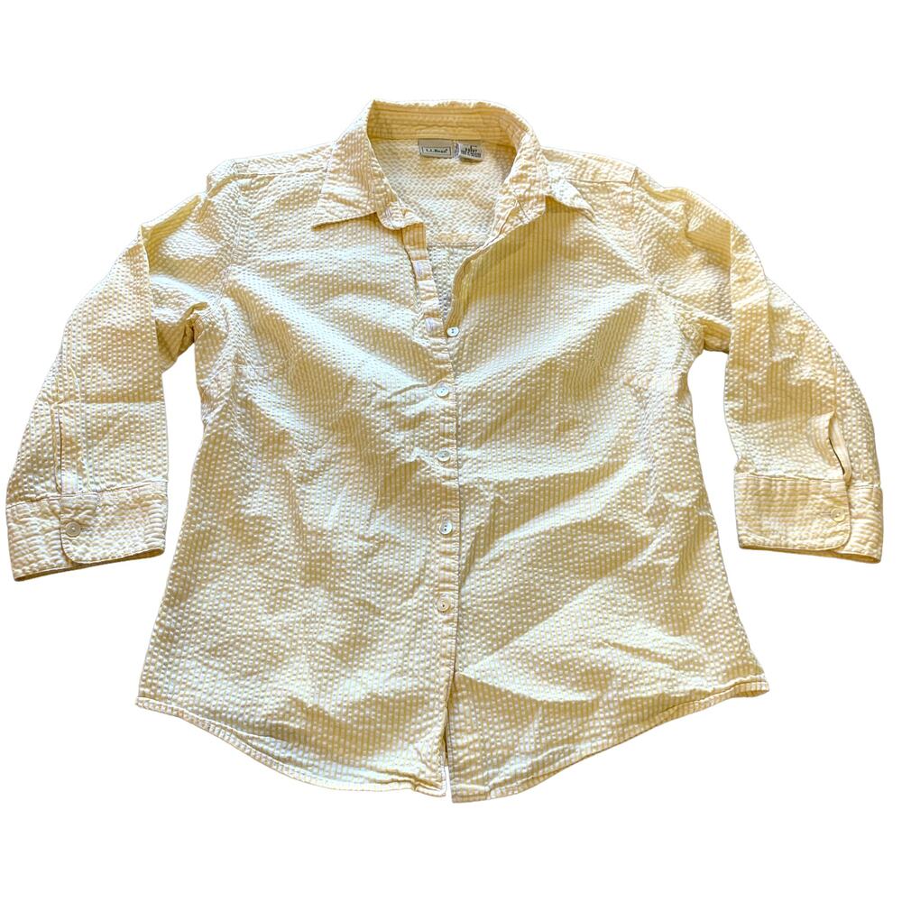 L.L. Bean Yellow Striped Cotton Button Front Shirt Small